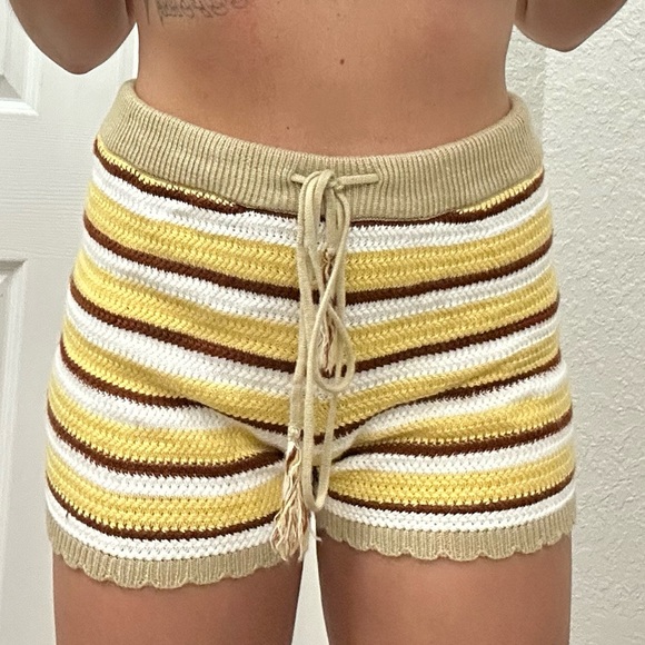 Y2k Hippie Crochet Striped Shorts with Drawstring Waist - Picture 7 of 10